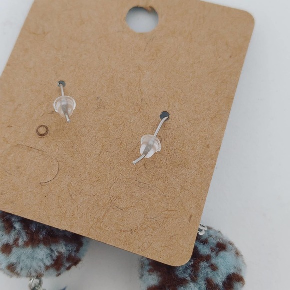 Blue Brown Pom-pom Fringe Earrings - Picture 2 of 2